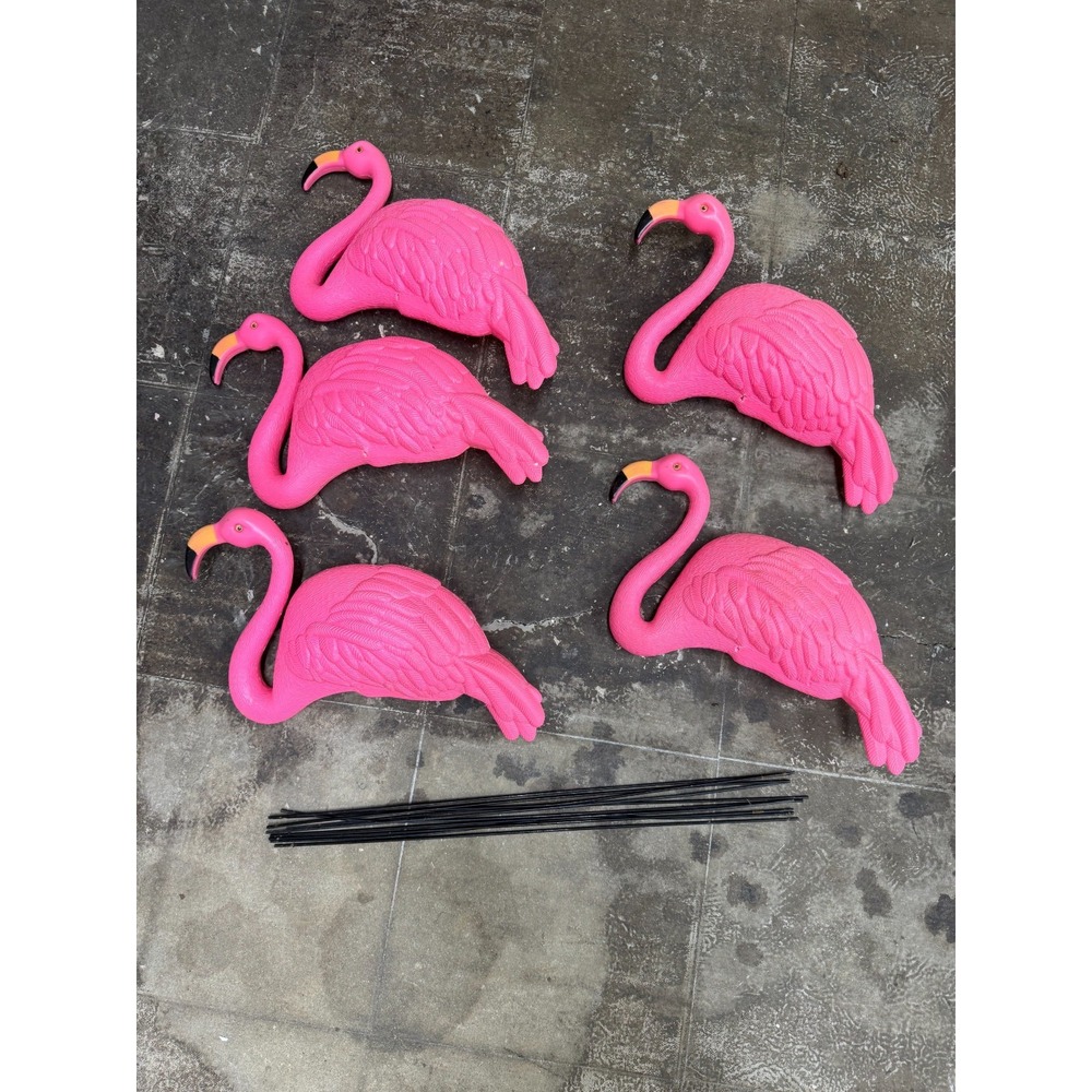 Vintage Blow Mold Pink Flamingos Yard Decor With Metal Legs Lot of 5
